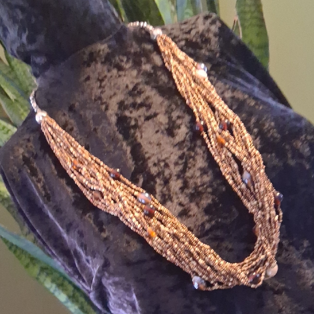 Lane Bryant Designer layered Beaded Necklace in Brown and Gold White 32in.
